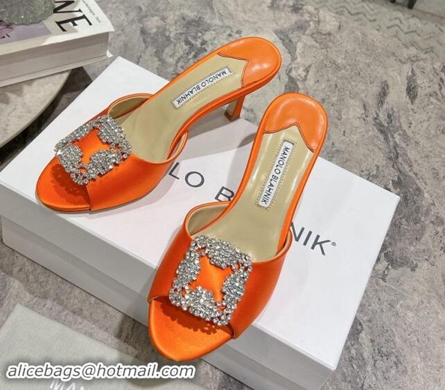 Top Design Manolo Blahnik Hangisimu Satin Heel Slide Sandals 7.5cm with Strass Buckle Orange 507016