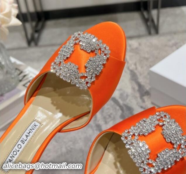 Top Design Manolo Blahnik Hangisimu Satin Heel Slide Sandals 7.5cm with Strass Buckle Orange 507016