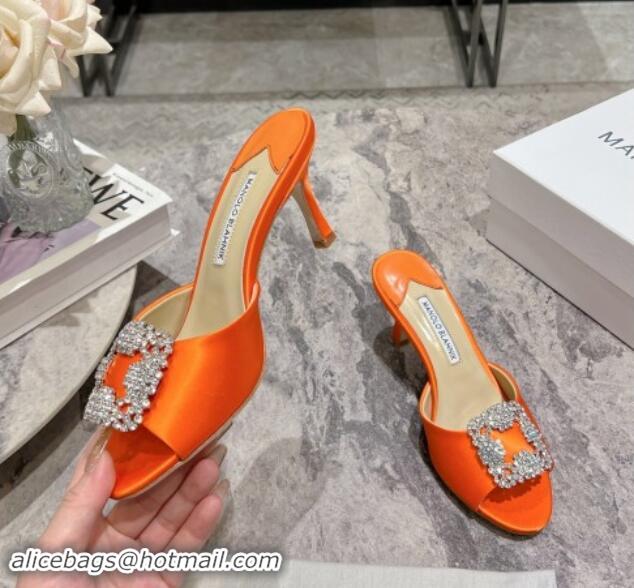 Top Design Manolo Blahnik Hangisimu Satin Heel Slide Sandals 7.5cm with Strass Buckle Orange 507016