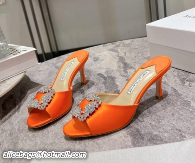 Top Design Manolo Blahnik Hangisimu Satin Heel Slide Sandals 7.5cm with Strass Buckle Orange 507016