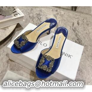 Shop Duplicate Manolo Blahnik Hangisimu Satin Heel Slide Sandals 7.5cm with Strass Buckle Blue 507017