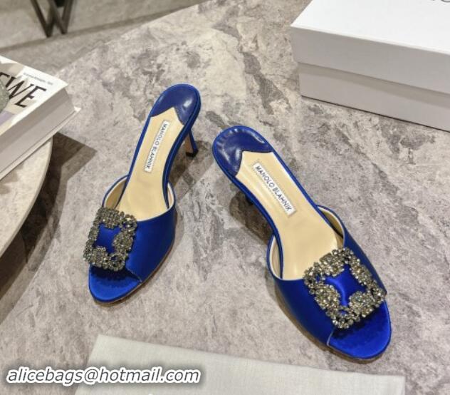 Shop Duplicate Manolo Blahnik Hangisimu Satin Heel Slide Sandals 7.5cm with Strass Buckle Blue 507017