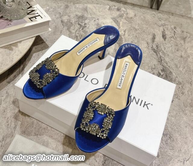 Shop Duplicate Manolo Blahnik Hangisimu Satin Heel Slide Sandals 7.5cm with Strass Buckle Blue 507017