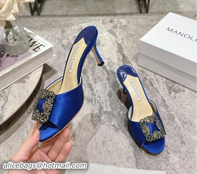 Shop Duplicate Manolo Blahnik Hangisimu Satin Heel Slide Sandals 7.5cm with Strass Buckle Blue 507017