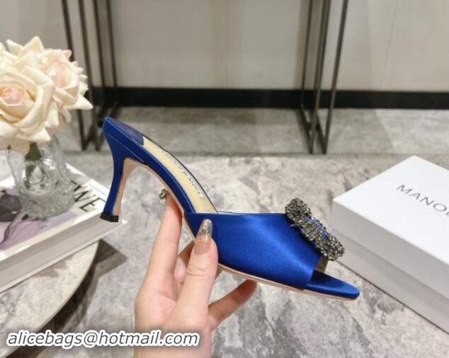 Shop Duplicate Manolo Blahnik Hangisimu Satin Heel Slide Sandals 7.5cm with Strass Buckle Blue 507017