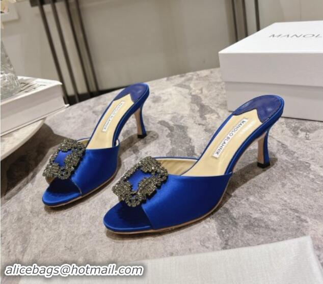 Shop Duplicate Manolo Blahnik Hangisimu Satin Heel Slide Sandals 7.5cm with Strass Buckle Blue 507017