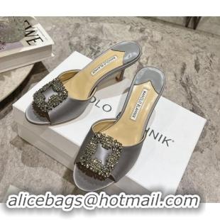 Popular Style Manolo Blahnik Hangisimu Satin Heel Slide Sandals 7.5cm with Strass Buckle Grey 507018