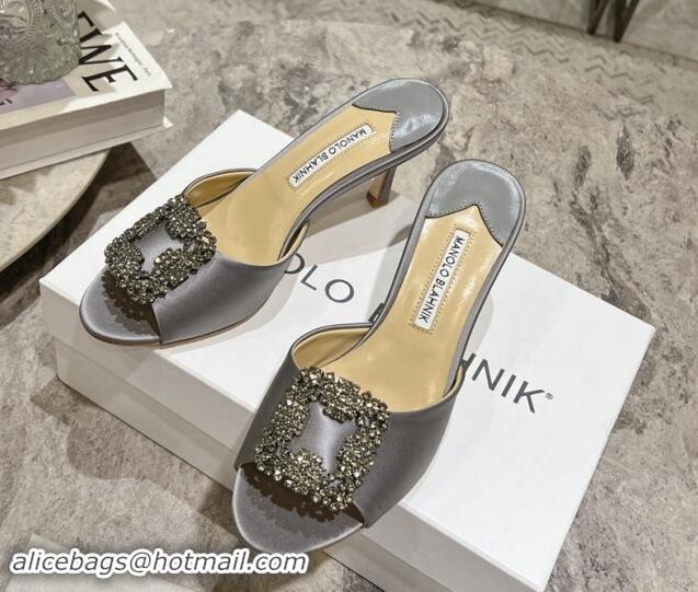 Popular Style Manolo Blahnik Hangisimu Satin Heel Slide Sandals 7.5cm with Strass Buckle Grey 507018