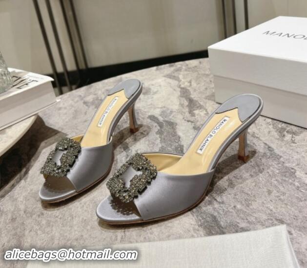 Popular Style Manolo Blahnik Hangisimu Satin Heel Slide Sandals 7.5cm with Strass Buckle Grey 507018