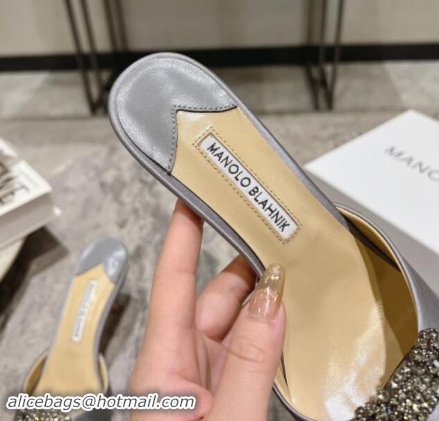 Popular Style Manolo Blahnik Hangisimu Satin Heel Slide Sandals 7.5cm with Strass Buckle Grey 507018