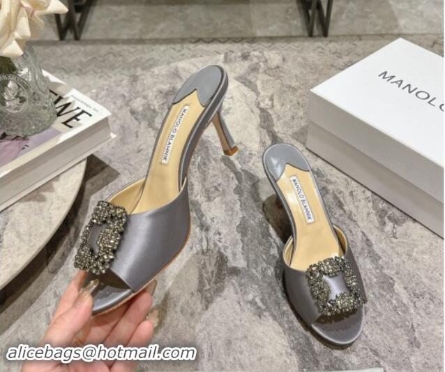 Popular Style Manolo Blahnik Hangisimu Satin Heel Slide Sandals 7.5cm with Strass Buckle Grey 507018