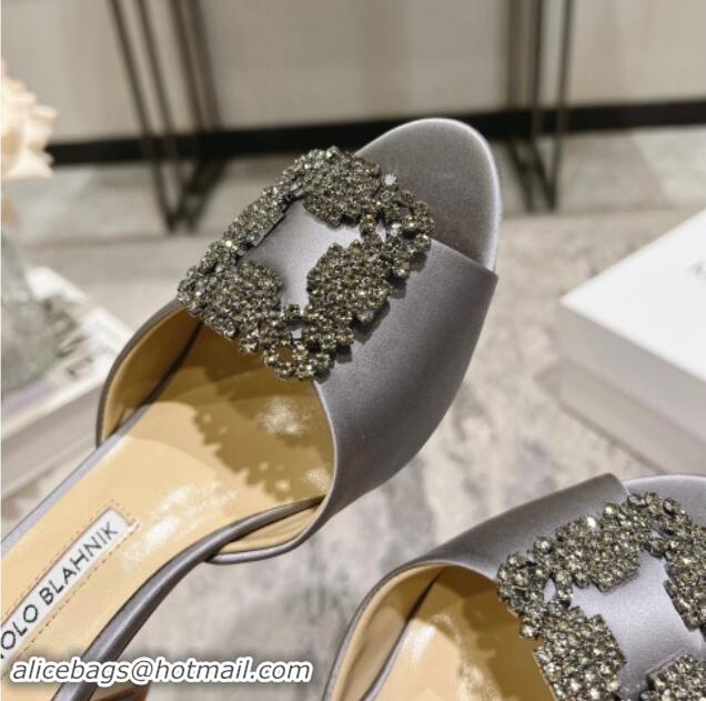 Popular Style Manolo Blahnik Hangisimu Satin Heel Slide Sandals 7.5cm with Strass Buckle Grey 507018