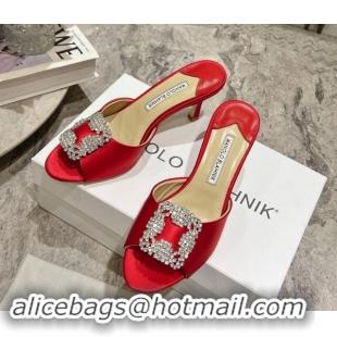 Pretty Style Manolo Blahnik Hangisimu Satin Heel Slide Sandals 7.5cm with Strass Buckle Red 507019