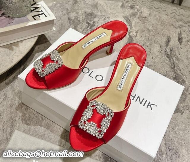 Pretty Style Manolo Blahnik Hangisimu Satin Heel Slide Sandals 7.5cm with Strass Buckle Red 507019