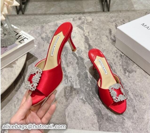 Pretty Style Manolo Blahnik Hangisimu Satin Heel Slide Sandals 7.5cm with Strass Buckle Red 507019