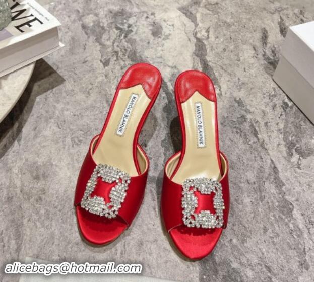 Pretty Style Manolo Blahnik Hangisimu Satin Heel Slide Sandals 7.5cm with Strass Buckle Red 507019