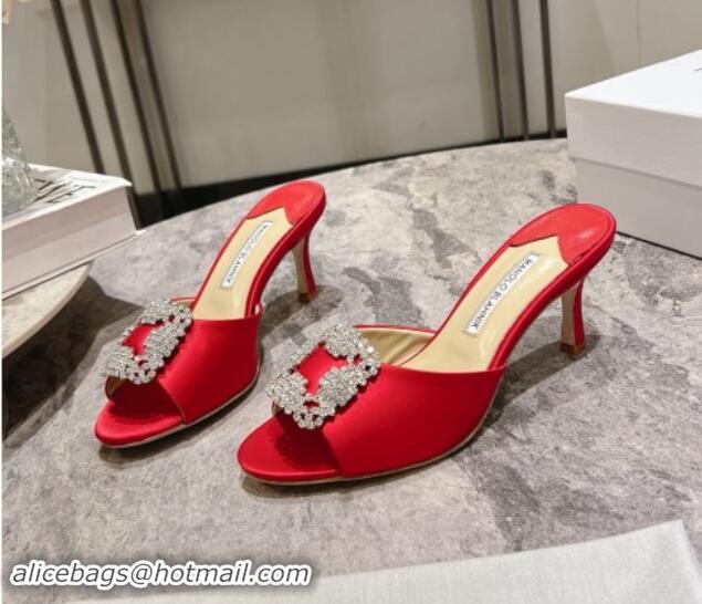 Pretty Style Manolo Blahnik Hangisimu Satin Heel Slide Sandals 7.5cm with Strass Buckle Red 507019