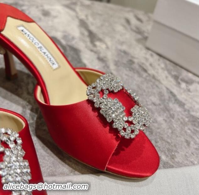 Pretty Style Manolo Blahnik Hangisimu Satin Heel Slide Sandals 7.5cm with Strass Buckle Red 507019