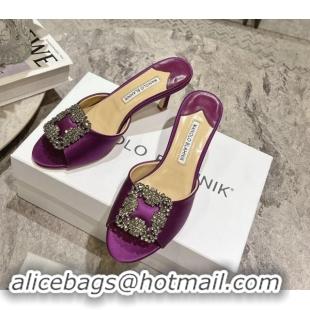 Most Popular Manolo Blahnik Hangisimu Satin Heel Slide Sandals 7.5cm with Strass Buckle Purple 507020