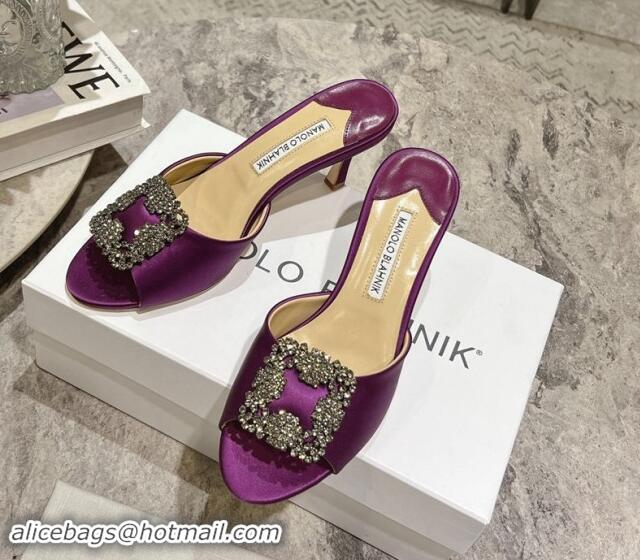 Most Popular Manolo Blahnik Hangisimu Satin Heel Slide Sandals 7.5cm with Strass Buckle Purple 507020