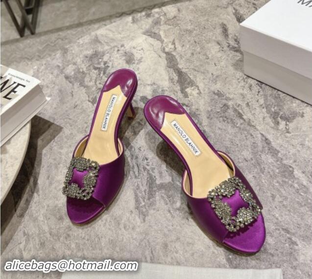 Most Popular Manolo Blahnik Hangisimu Satin Heel Slide Sandals 7.5cm with Strass Buckle Purple 507020