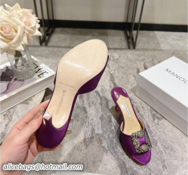 Most Popular Manolo Blahnik Hangisimu Satin Heel Slide Sandals 7.5cm with Strass Buckle Purple 507020