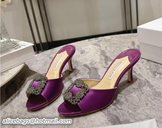 Most Popular Manolo Blahnik Hangisimu Satin Heel Slide Sandals 7.5cm with Strass Buckle Purple 507020