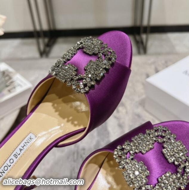 Most Popular Manolo Blahnik Hangisimu Satin Heel Slide Sandals 7.5cm with Strass Buckle Purple 507020