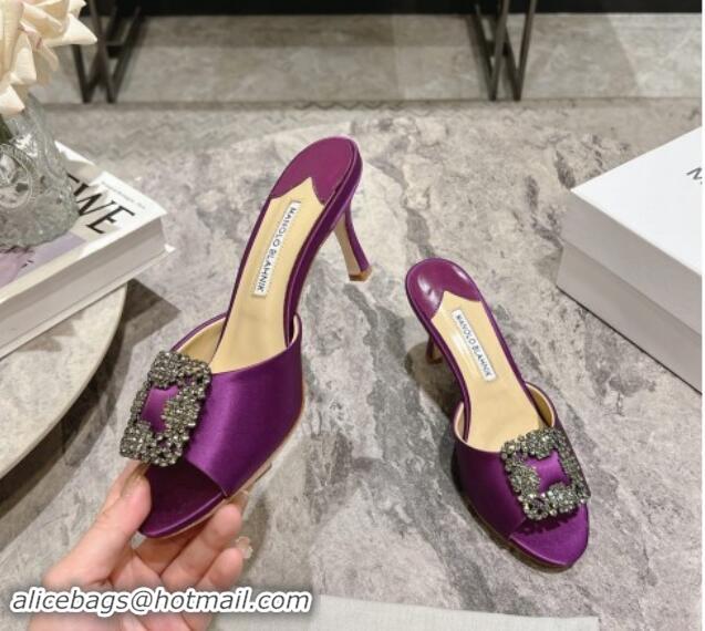 Most Popular Manolo Blahnik Hangisimu Satin Heel Slide Sandals 7.5cm with Strass Buckle Purple 507020