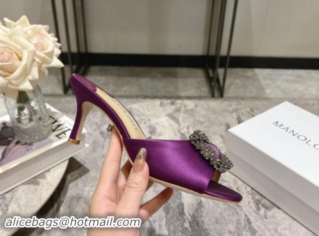 Most Popular Manolo Blahnik Hangisimu Satin Heel Slide Sandals 7.5cm with Strass Buckle Purple 507020