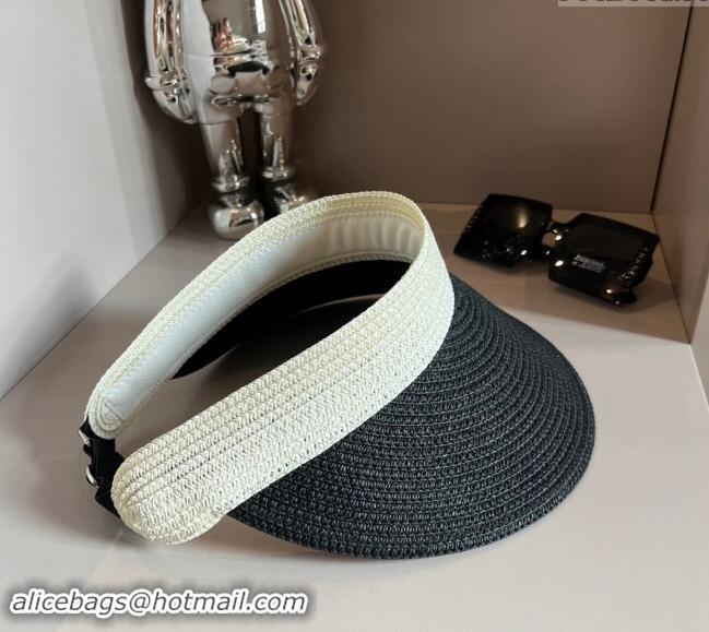 Famous Brand Prada Straw Visor Hat 0302 Black/White 2024