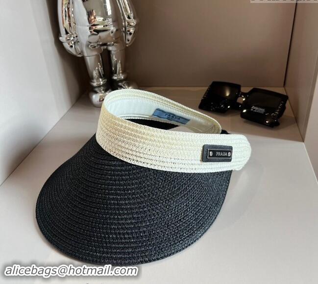 Famous Brand Prada Straw Visor Hat 0302 Black/White 2024