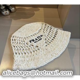 Luxurious Prada Crochet Straw Bucket Hat 0403 White 2024