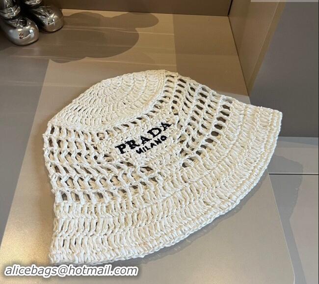 Luxurious Prada Crochet Straw Bucket Hat 0403 White 2024