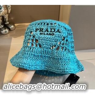 Buy New Cheap Prada Crochet Straw Bucket Hat 0403 Blue 2024