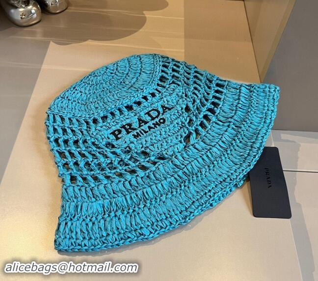 Buy New Cheap Prada Crochet Straw Bucket Hat 0403 Blue 2024