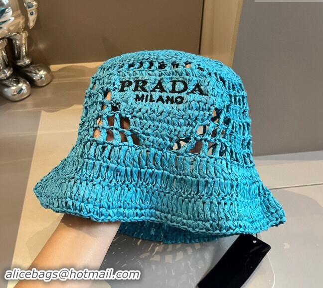 Buy New Cheap Prada Crochet Straw Bucket Hat 0403 Blue 2024