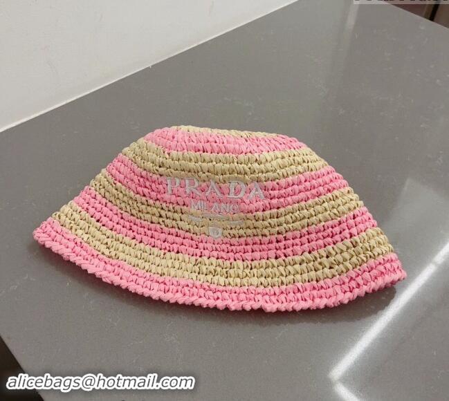 Grade Quality Prada Crochet Straw Bucket Hat 0404 Pink 2024