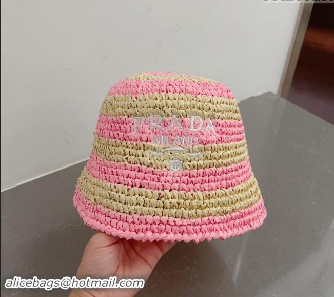 Grade Quality Prada Crochet Straw Bucket Hat 0404 Pink 2024