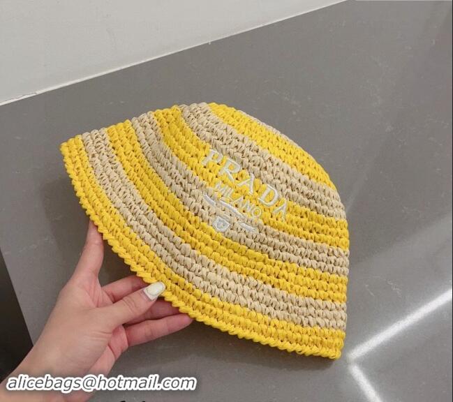 Good Quality Prada Crochet Straw Bucket Hat 0404 Yellow 2024