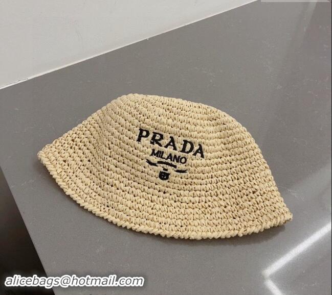 Fashion Luxury Prada Crochet Straw Bucket Hat 0404 Beige 2024