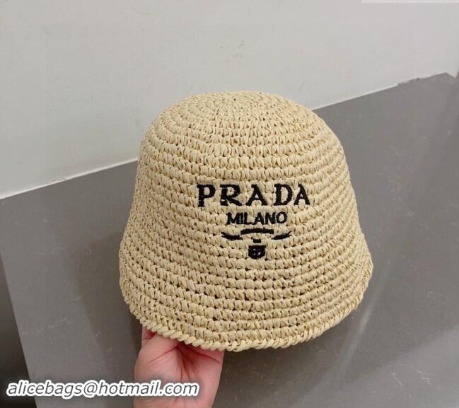 Fashion Luxury Prada Crochet Straw Bucket Hat 0404 Beige 2024