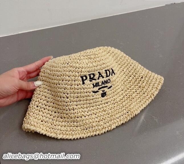 Fashion Luxury Prada Crochet Straw Bucket Hat 0404 Beige 2024