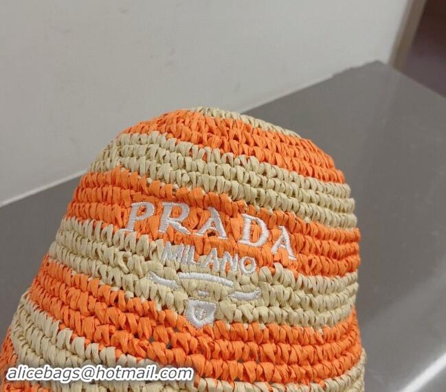 New Release Creation Prada Crochet Straw Bucket Hat 0404 Orange 2024