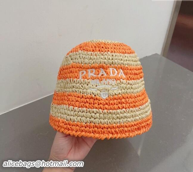 New Release Creation Prada Crochet Straw Bucket Hat 0404 Orange 2024