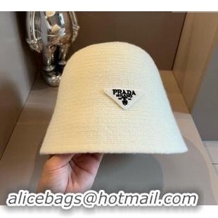 Top Quality Prada Knit Bucket Hat with Logo and Bow 1019015 White 2024