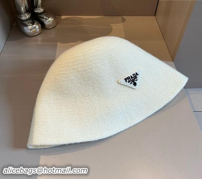 Top Quality Prada Knit Bucket Hat with Logo and Bow 1019015 White 2024