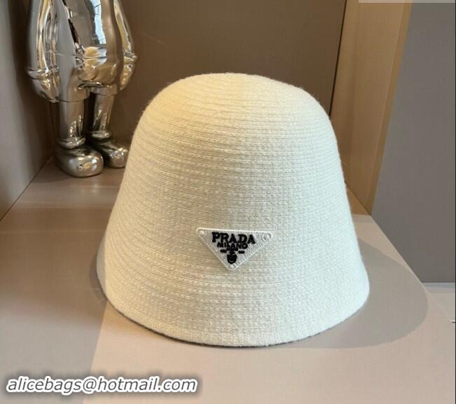 Top Quality Prada Knit Bucket Hat with Logo and Bow 1019015 White 2024