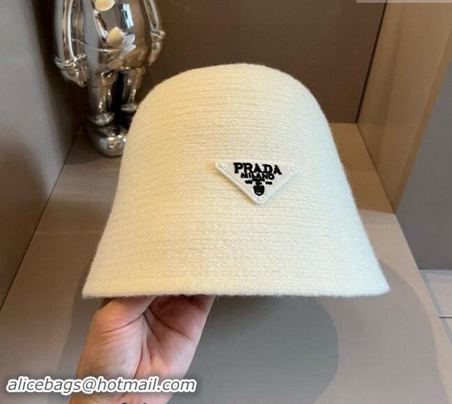 Top Quality Prada Knit Bucket Hat with Logo and Bow 1019015 White 2024