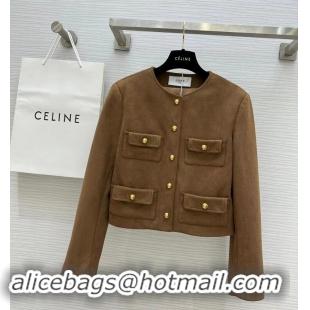 Top Grade Celine Pure Collar Jacket In Patina Finish Suede CE8947 Brown